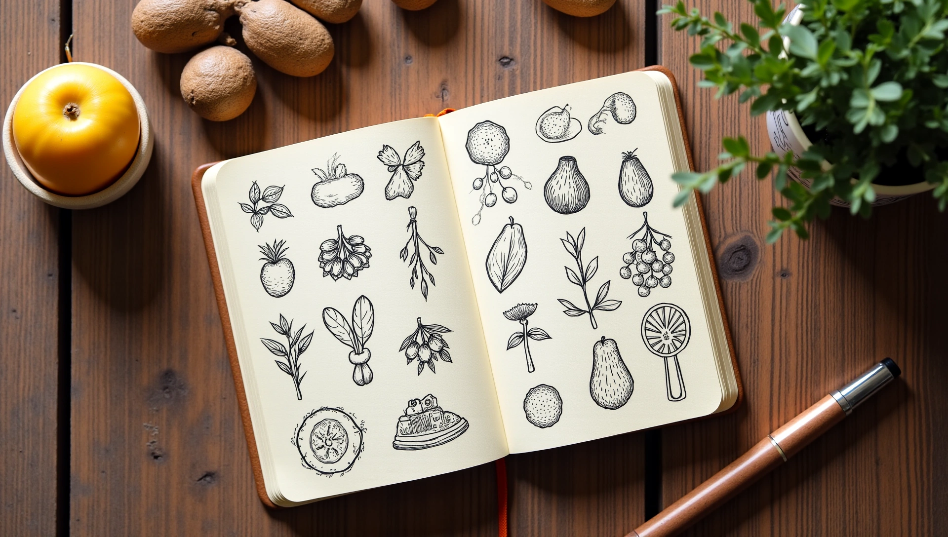 Open notebook with healthy food sketches and a pen, warm and inviting