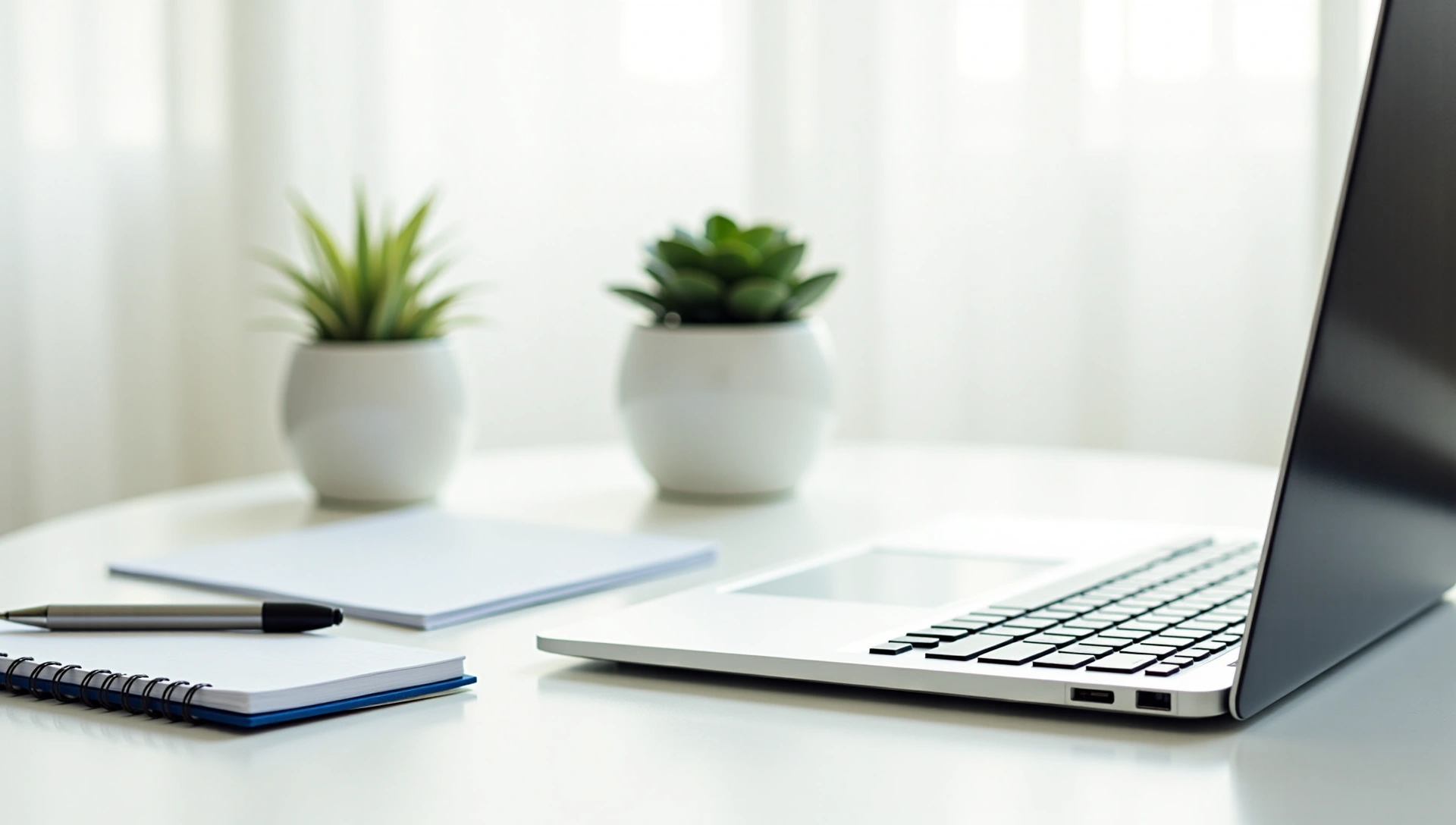 Minimalist desk with a laptop, plant, and notepad, clean and professional setting